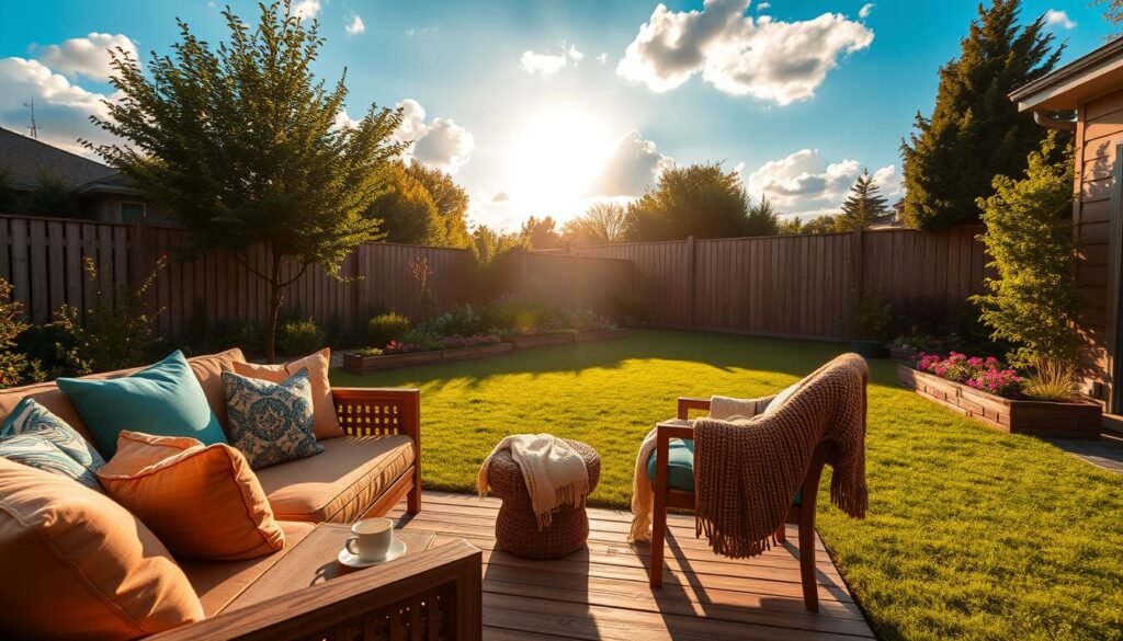 A serene backyard scene set during the golden hour, capturing a cozy and inviting atmosphere. In the foreground, a well-maintained wooden patio with a stylish outdoor sofa adorned with colorful cushions, a small coffee table with a steaming cup of tea, and a soft woven throw casually draped over a chair. The middle ground features lush greenery, vibrant flower beds, and a charming wooden fence that adds warmth. In the background, a blue sky with fluffy white clouds filters soft sunlight, illuminating the entire scene. Subtle shadows play across the grass, enhancing the tranquil mood. The entire composition evokes a sense of relaxation, inviting viewers to imagine themselves enjoying a peaceful 20-minute escape in this beautiful backyard setting. A serene backyard scene set during the golden hour, capturing a cozy and inviting atmosphere. In the foreground, a well-maintained wooden patio with a stylish outdoor sofa adorned with colorful cushions, a small coffee table with a steaming cup of tea, and a soft woven throw casually draped over a chair. The middle ground features lush greenery, vibrant flower beds, and a charming wooden fence that adds warmth. In the background, a blue sky with fluffy white clouds filters soft sunlight, illuminating the entire scene. Subtle shadows play across the grass, enhancing the tranquil mood. The entire composition evokes a sense of relaxation, inviting viewers to imagine themselves enjoying a peaceful 20-minute escape in this beautiful backyard setting.