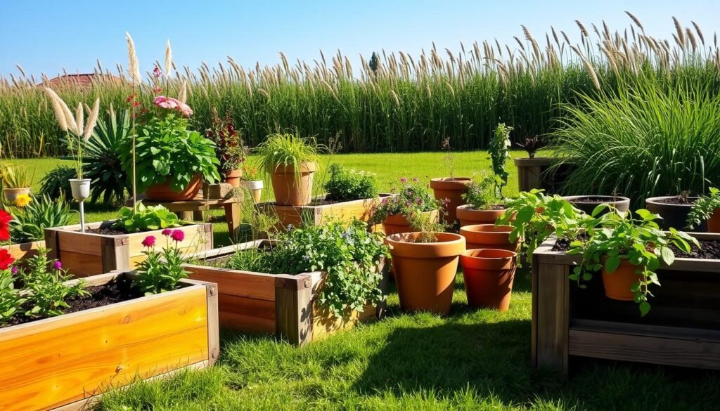 A serene backyard scene showcasing DIY garden beds and planters, arranged for optimal visual appeal. In the foreground, handcrafted wooden garden beds filled with vibrant green plants and colorful flowers, featuring a rustic finish. The middle ground features a variety of planters made from terracotta and reclaimed wood, with some displaying lush herbs and cascading vines. In the background, a sun-dappled lawn surrounded by tall grasses, under a clear blue sky. Soft, natural sunlight casts gentle shadows, creating a warm and inviting atmosphere. The focus is sharp, with a slight depth of field that highlights the beauty of the plants, evoking a sense of tranquility and inspiration for outdoor gardening projects.