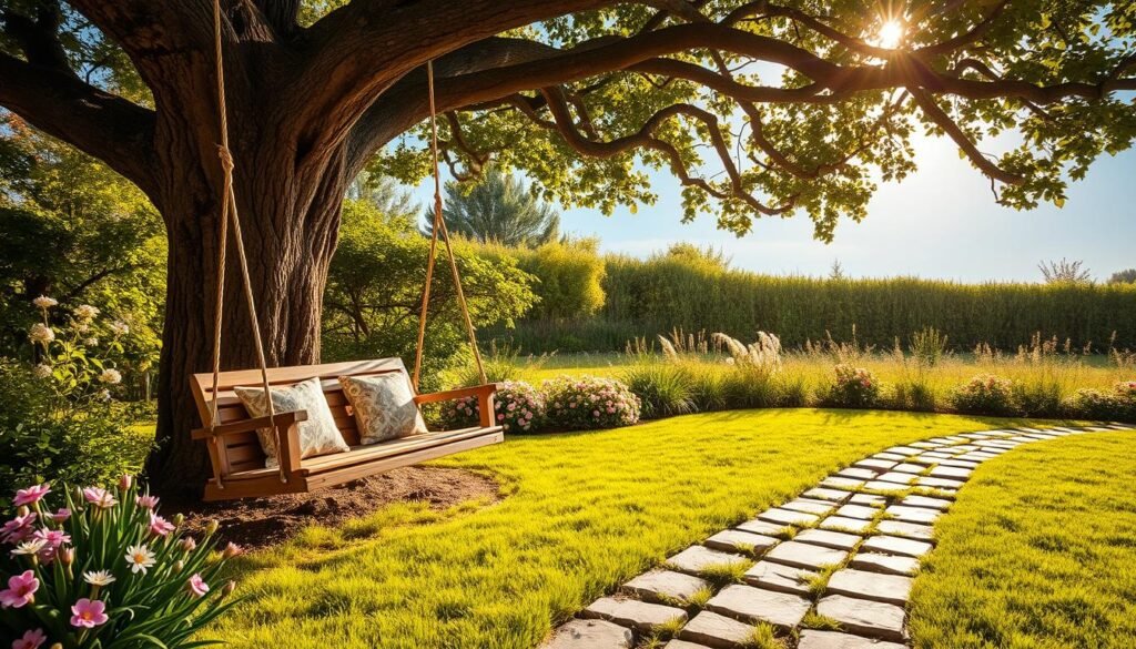 A serene backyard scene showcasing charming garden swings nestled among lush greenery. In the foreground, two stylish wooden swings hang from sturdy ropes attached to a large, mature tree, inviting relaxation. The swings are adorned with decorative cushions, enhancing comfort. In the middle ground, blooming flowers and soft grass create a vibrant landscape, while a rustic stone pathway leads towards the swings. In the background, a clear blue sky filtered by soft, warm sunlight casts gentle shadows, adding depth to the scene. The overall mood is tranquil and inviting, perfect for leisurely afternoons. The image is captured with a wide-angle lens to emphasize the garden's spaciousness and brightness, showcasing a peaceful retreat where one can unwind.