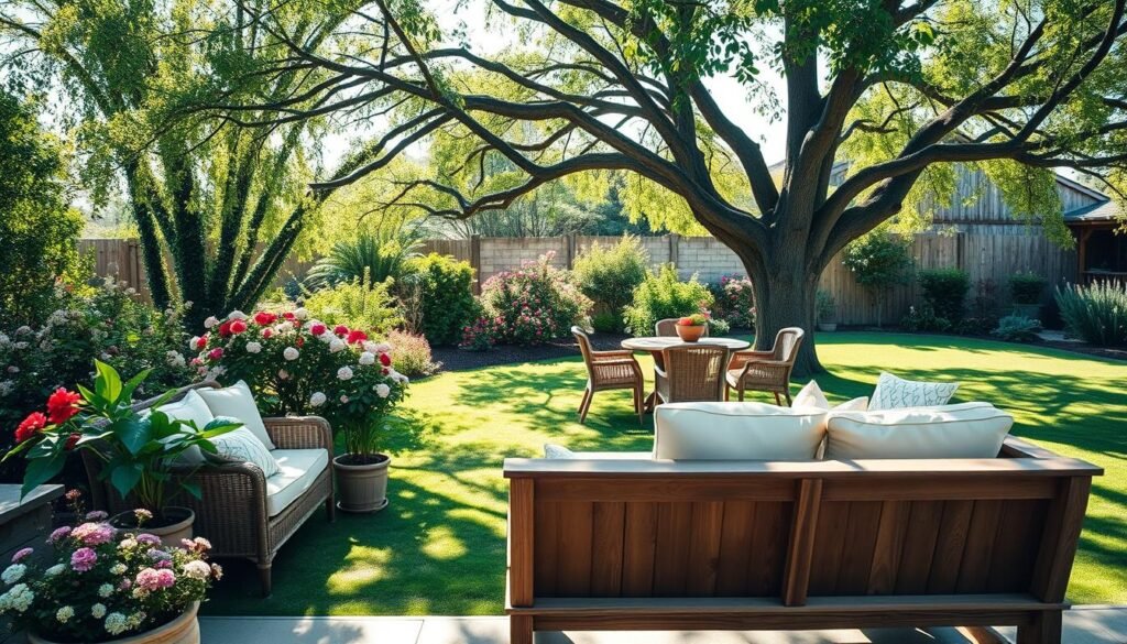A serene backyard scene showcasing natural seating ideas, emphasizing comfort and a harmonious blend with nature. In the foreground, a rustic wooden bench adorned with soft, neutral cushions invites relaxation. Potted plants with vibrant flowers flank the seating area, adding color and life. In the middle ground, a round wooden table surrounded by wicker chairs nestles under a large shade tree, dappled sunlight filtering through the leaves. The background features a softly lit garden with blooming shrubs and a gentle lawn, evoking a peaceful and inviting atmosphere. The composition captures the essence of an idyllic outdoor retreat, radiating warmth and tranquility, with bright natural daylight enhancing the serene setting.