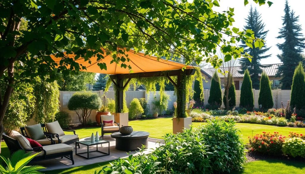 A serene backyard scene showcasing strategic shade zones for comfortable outdoor living. In the foreground, a beautifully shaded seating area with stylish, comfortable outdoor furniture, surrounded by lush greenery. The middle ground features a large, decorative gazebo adorned with climbing vines, providing ample shade and a cozy atmosphere. Sunlight filters through the leaves, casting gentle patterns on the ground. In the background, a vibrant garden with colorful flowers and tall trees adds depth to the landscape. The lighting is bright and natural, with soft sunlight illuminating the scene, creating an inviting and relaxing mood. Capture this composition from a slightly elevated angle to emphasize the diverse shade zones in this tranquil outdoor setting.