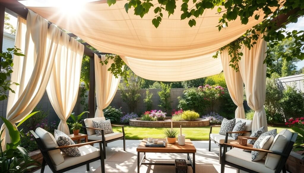 A serene backyard seating area, showcasing various shade solutions, including a stylish pergola draped with soft, billowing fabric and lush climbing plants. In the foreground, a comfortable seating arrangement features modern outdoor chairs and a wooden coffee table adorned with decorative items. In the middle, provide an inviting canopy with ample sunlight filtering through, casting gentle patterns on the ground. In the background, a well-maintained garden with colorful flowers and greenery enhances the tranquil atmosphere. The scene is bathed in bright, natural light with soft sunlight filtering through the leaves, creating an airy, well-lit environment. Capture the inviting essence of this shaded retreat, focusing on the interplay of light and shadow, while ensuring a mood of relaxation and comfort. A serene backyard seating area, showcasing various shade solutions, including a stylish pergola draped with soft, billowing fabric and lush climbing plants. In the foreground, a comfortable seating arrangement features modern outdoor chairs and a wooden coffee table adorned with decorative items. In the middle, provide an inviting canopy with ample sunlight filtering through, casting gentle patterns on the ground. In the background, a well-maintained garden with colorful flowers and greenery enhances the tranquil atmosphere. The scene is bathed in bright, natural light with soft sunlight filtering through the leaves, creating an airy, well-lit environment. Capture the inviting essence of this shaded retreat, focusing on the interplay of light and shadow, while ensuring a mood of relaxation and comfort.