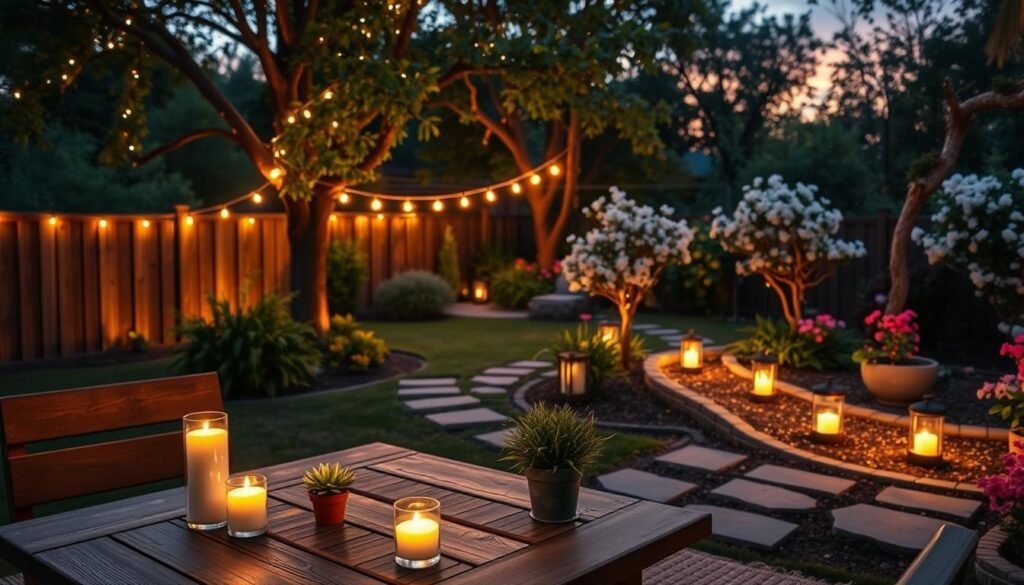 A serene backyard setting at dusk, featuring a cozy outdoor seating area illuminated by various stylish lighting ideas. In the foreground, a rustic wooden table adorned with soft, flickering candles and small potted plants. The middle ground showcases elegant string lights gently draped across trees, casting a warm glow, alongside lanterns placed along a stone pathway. In the background, lush greenery and blossoming flowers are subtly lit by solar garden lights. The atmosphere is peaceful and inviting, with warm hues of orange and soft purple in the sky. The scene captures a tranquil moment, emphasizing a cozy outdoor retreat perfect for evening enjoyment, using natural aesthetics and exquisite lighting.