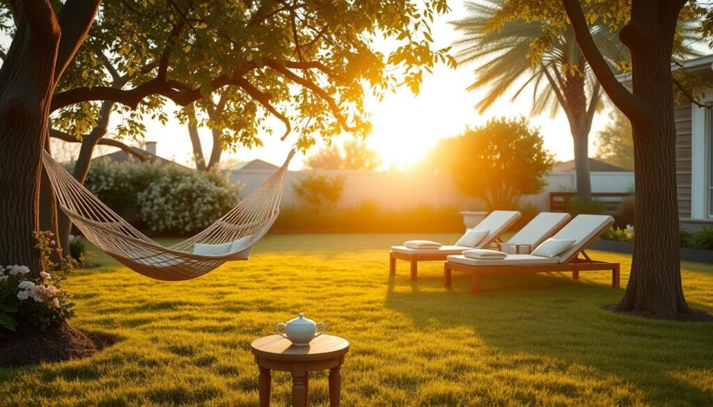 A serene backyard setting designed for relaxation. In the foreground, a comfortable hammock sways gently between two trees, surrounded by lush greenery and blooming flowers. A small wooden table with a steaming cup of tea adds a cozy touch. In the middle ground, a well-maintained lawn features inviting lounge chairs with soft cushions, inviting guests to unwind. The background showcases a softly glowing sunset that bathes the scene in warm, golden light, casting long shadows across the grass. The atmosphere is tranquil and inviting, ideal for a peaceful retreat. Soft, natural lighting enhances the overall feeling of serenity and warmth, creating a perfect escape for relaxation and comfort. The image captures a sense of calm and usability, embodying the ideal backyard sanctuary. A serene backyard setting designed for relaxation. In the foreground, a comfortable hammock sways gently between two trees, surrounded by lush greenery and blooming flowers. A small wooden table with a steaming cup of tea adds a cozy touch. In the middle ground, a well-maintained lawn features inviting lounge chairs with soft cushions, inviting guests to unwind. The background showcases a softly glowing sunset that bathes the scene in warm, golden light, casting long shadows across the grass. The atmosphere is tranquil and inviting, ideal for a peaceful retreat. Soft, natural lighting enhances the overall feeling of serenity and warmth, creating a perfect escape for relaxation and comfort. The image captures a sense of calm and usability, embodying the ideal backyard sanctuary.