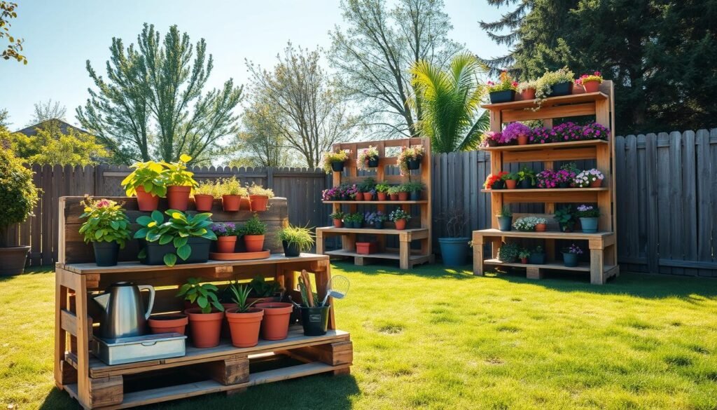 A serene backyard setting featuring a collection of DIY pallet garden storage ideas. In the foreground, a rustic pallet storage unit is filled with vibrant potted plants and gardening tools, showcasing an organized and functional design. In the middle background, additional pallets have been creatively repurposed as vertical planters and seating, with colorful flowers cascading from the shelves, adding a touch of whimsy. Soft sunlight filters through the trees, casting gentle shadows and creating a warm, inviting atmosphere. The scene is framed by a lush green lawn and a clear blue sky, conveying a sense of comfort and tranquility in the outdoor space. The overall lighting is bright and airy, emphasizing the beauty of sustainable DIY projects.