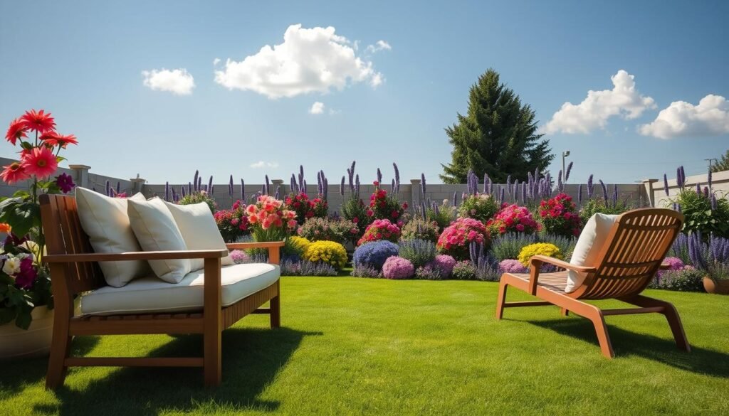 A serene backyard setting featuring comfortable seating arranged to face vibrant flower beds in full bloom. In the foreground, a stylish wooden bench and a couple of cozy lounge chairs, adorned with soft cushions in pastel colors. The middle ground showcases an array of colorful flower beds, overflowing with dahlias, petunias, and lavenders, creating a lush and inviting focal point. In the background, a gently swaying green lawn under a bright blue sky, with a few fluffy clouds adding to the tranquil atmosphere. The scene is bathed in soft, natural sunlight, casting gentle shadows that enhance the inviting feel of the space. The composition is captured using a wide-angle lens to emphasize the beauty of the arrangement, evoking a sense of peace and relaxation in outdoor living. A serene backyard setting featuring comfortable seating arranged to face vibrant flower beds in full bloom. In the foreground, a stylish wooden bench and a couple of cozy lounge chairs, adorned with soft cushions in pastel colors. The middle ground showcases an array of colorful flower beds, overflowing with dahlias, petunias, and lavenders, creating a lush and inviting focal point. In the background, a gently swaying green lawn under a bright blue sky, with a few fluffy clouds adding to the tranquil atmosphere. The scene is bathed in soft, natural sunlight, casting gentle shadows that enhance the inviting feel of the space. The composition is captured using a wide-angle lens to emphasize the beauty of the arrangement, evoking a sense of peace and relaxation in outdoor living.
