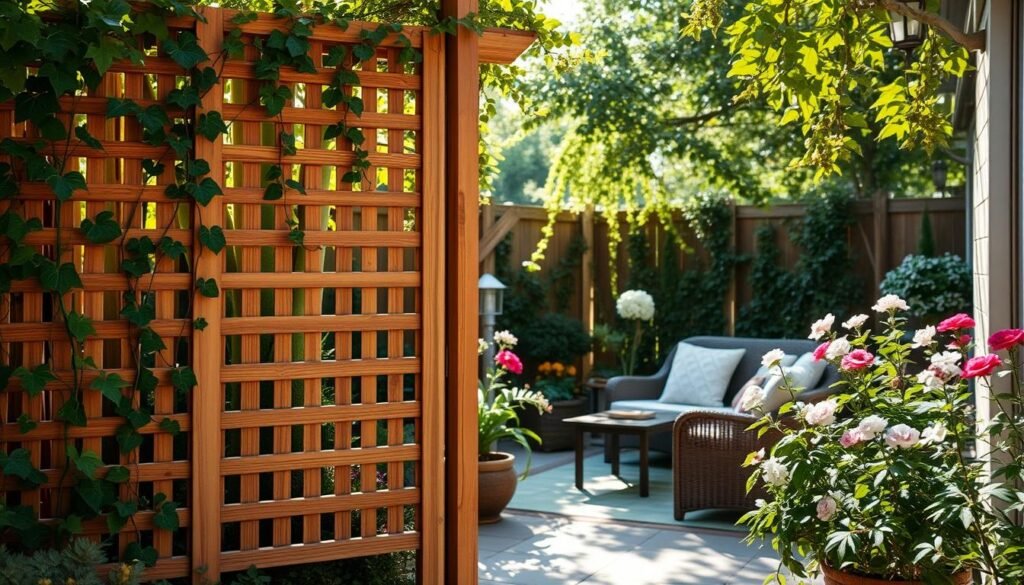 A serene backyard setting featuring elegant garden privacy screens made from natural wood and lush greenery. In the foreground, a beautifully crafted wooden screen adorned with climbing vines creates an inviting atmosphere. The middle ground showcases a cozy seating area with comfortable cushions and a small table, surrounded by flowering plants that enhance a sense of seclusion. In the background, soft sunlight filters through the leaves, casting gentle shadows. The scene is captured from an eye-level perspective, emphasizing depth and inviting the viewer. The overall mood is tranquil and welcoming, ideal for relaxation and comfort in outdoor spaces. A serene backyard setting featuring elegant garden privacy screens made from natural wood and lush greenery. In the foreground, a beautifully crafted wooden screen adorned with climbing vines creates an inviting atmosphere. The middle ground showcases a cozy seating area with comfortable cushions and a small table, surrounded by flowering plants that enhance a sense of seclusion. In the background, soft sunlight filters through the leaves, casting gentle shadows. The scene is captured from an eye-level perspective, emphasizing depth and inviting the viewer. The overall mood is tranquil and welcoming, ideal for relaxation and comfort in outdoor spaces.