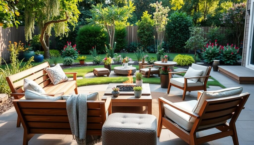 A serene backyard setting showcasing various seating arrangements, focusing on the direction of seating for comfort and social interaction. In the foreground, a stylish wooden bench and two modern lounge chairs are angled towards a central fire pit, inviting conversation. The middle ground features a small coffee table adorned with potted plants and a decorative throw, enhancing the cozy atmosphere. In the background, a lush garden with vibrant flowers and greenery offers a pleasing view. The scene is bathed in soft, natural sunlight, casting gentle shadows and creating a warm, inviting mood. The image should convey tranquility and encourage outdoor use, captured from a slightly elevated angle to provide depth and perspective. A serene backyard setting showcasing various seating arrangements, focusing on the direction of seating for comfort and social interaction. In the foreground, a stylish wooden bench and two modern lounge chairs are angled towards a central fire pit, inviting conversation. The middle ground features a small coffee table adorned with potted plants and a decorative throw, enhancing the cozy atmosphere. In the background, a lush garden with vibrant flowers and greenery offers a pleasing view. The scene is bathed in soft, natural sunlight, casting gentle shadows and creating a warm, inviting mood. The image should convey tranquility and encourage outdoor use, captured from a slightly elevated angle to provide depth and perspective.
