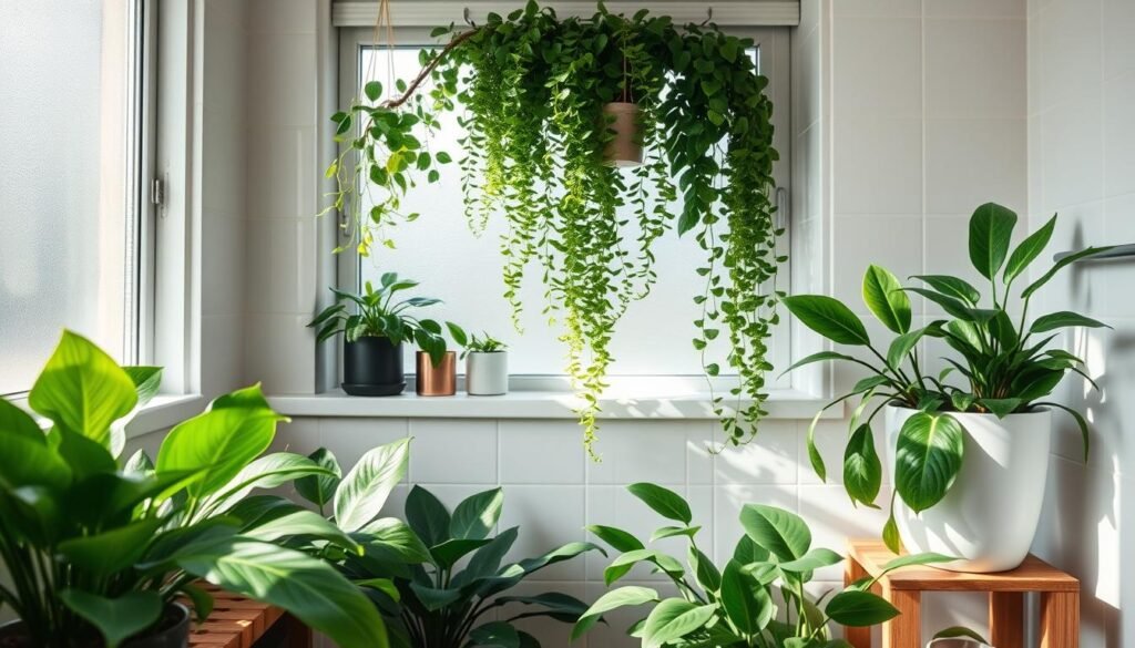 A serene bathroom scene featuring a variety of lush, green plants thoughtfully displayed to capture the essence of a tranquil, humid space. In the foreground, vibrant pothos and peace lilies are artfully arranged on a wooden shelving unit. The middle ground showcases hanging ferns cascading elegantly from a window ledge, while a cheerful snake plant stands tall in a stylish ceramic pot. The background reveals soft, natural light filtering through frosted glass, casting gentle shadows and enhancing the freshness of the plants. The overall atmosphere is calming and inviting, emphasizing a harmonious balance between nature and home décor. Capture this scene with a wide-angle lens to encompass the entire display, using soft sunlight to illuminate the natural beauty of the plants.