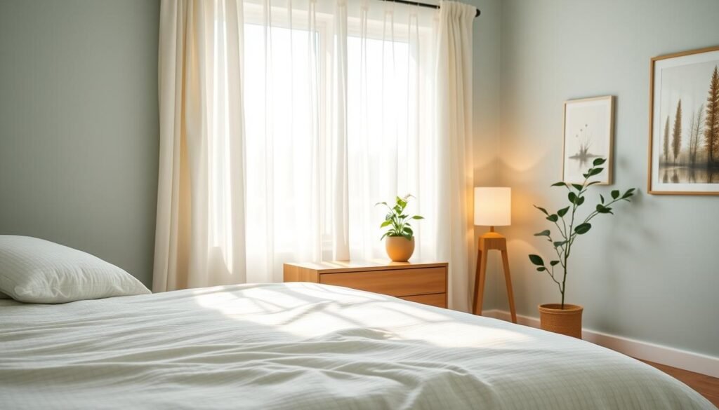 A serene bedroom bathed in bright natural light, showcasing soft, calming colors like pale blues, gentle greens, and warm neutrals. In the foreground, a neatly made bed with a light, textured duvet and plush pillows invites tranquility. The middle ground features a minimalist wooden nightstand adorned with a small potted plant and a soft, glowing lamp. Delicate curtains billow gently in the breeze, diffusing the sunlight. The background reveals a tasteful piece of artwork that reflects nature, contributing to a peaceful atmosphere. The overall mood is harmonious and inviting, designed to engage all five senses for complete tranquility. Use a wide-angle lens to capture the airy feel of the space, emphasizing the soft light and soothing color palette. A serene bedroom bathed in bright natural light, showcasing soft, calming colors like pale blues, gentle greens, and warm neutrals. In the foreground, a neatly made bed with a light, textured duvet and plush pillows invites tranquility. The middle ground features a minimalist wooden nightstand adorned with a small potted plant and a soft, glowing lamp. Delicate curtains billow gently in the breeze, diffusing the sunlight. The background reveals a tasteful piece of artwork that reflects nature, contributing to a peaceful atmosphere. The overall mood is harmonious and inviting, designed to engage all five senses for complete tranquility. Use a wide-angle lens to capture the airy feel of the space, emphasizing the soft light and soothing color palette.
