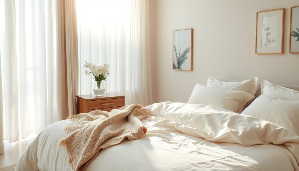 A serene bedroom bathed in soft, natural light streaming through large, sheer curtains. The foreground features a plush, inviting bed dressed in light, airy linens with soft beige and white tones. A cozy, textured throw is casually draped at the foot of the bed, complementing the tranquil atmosphere. In the middle of the scene, a wooden nightstand holds a simple vase with fresh white flowers, enhancing the room’s warmth. The background showcases calming paint colors on the walls, with subtle artwork that reflects nature. The lighting is bright yet gentle, creating a peaceful sanctuary feel. Capture the scene from a slightly elevated angle to emphasize the spaciousness and warmth, evoking feelings of comfort and relaxation in a well-designed space.