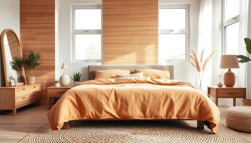 A serene bedroom decor scene featuring natural materials such as wooden furniture, woven textures, and organic fabrics. In the foreground, a cozy bed with a soft linen duvet in warm earthy tones is flanked by minimalist wooden nightstands adorned with small potted plants and handmade ceramic lamps. The middle of the room showcases a stylish jute rug, enhancing the warmth of the space. Large windows in the background allow soft, diffused sunlight to fill the room, highlighting the natural grain of a wooden accent wall. The atmosphere is inviting, airy, and bright, creating a peaceful retreat. Capture the scene with a wide-angle lens to emphasize spaciousness and a sense of tranquility.