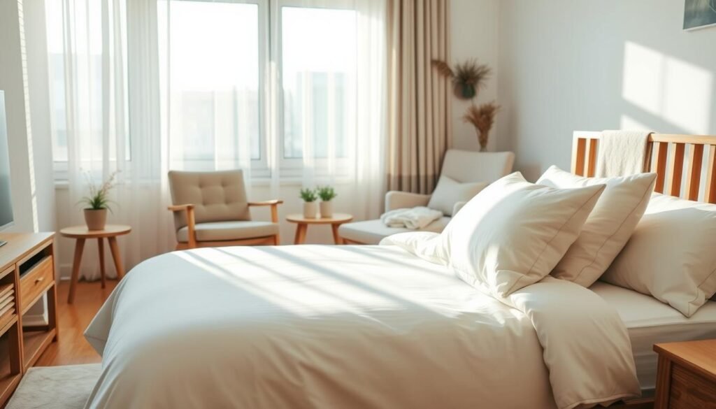 A serene bedroom design featuring a carefully curated space that embodies calmness and comfort. In the foreground, a neatly made bed with soft, pastel-colored linens, accented by a couple of plush pillows and a lightweight throw blanket. The middle ground showcases a minimalist nightstand with a small potted plant and a softly glowing lamp that casts gentle light. To the side, a cozy reading chair in muted tones invites relaxation. In the background, natural light floods in through large windows draped with sheer, airy curtains, enhancing the tranquility of the space. The room has wooden accents on furniture and flooring, promoting a warm atmosphere. Capture this scene with soft sunlight, focusing on an inviting and clutter-free arrangement that enhances a sense of mindfulness.