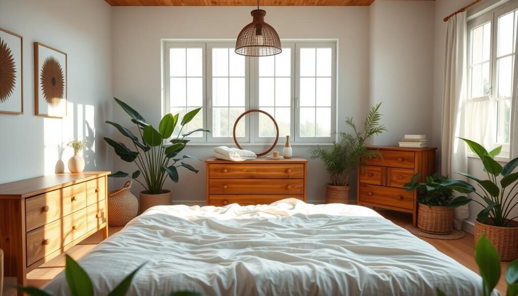 A serene bedroom designed around natural themes, featuring wooden furniture with a minimalist aesthetic. In the foreground, a neatly made bed with soft neutral-colored linens, surrounded by lush green plants. The middle ground showcases a warm wooden dresser and a woven basket, filled with soft textiles like a blanket. In the background, large windows let in bright natural light, casting soft shadows across the room, enhancing the airy atmosphere. The walls are adorned with subtle nature-inspired artwork, and a rustic pendant light provides gentle illumination. The scene evokes tranquility and comfort, with an emphasis on clutter-free, calming décor that incorporates natural elements to promote relaxation.