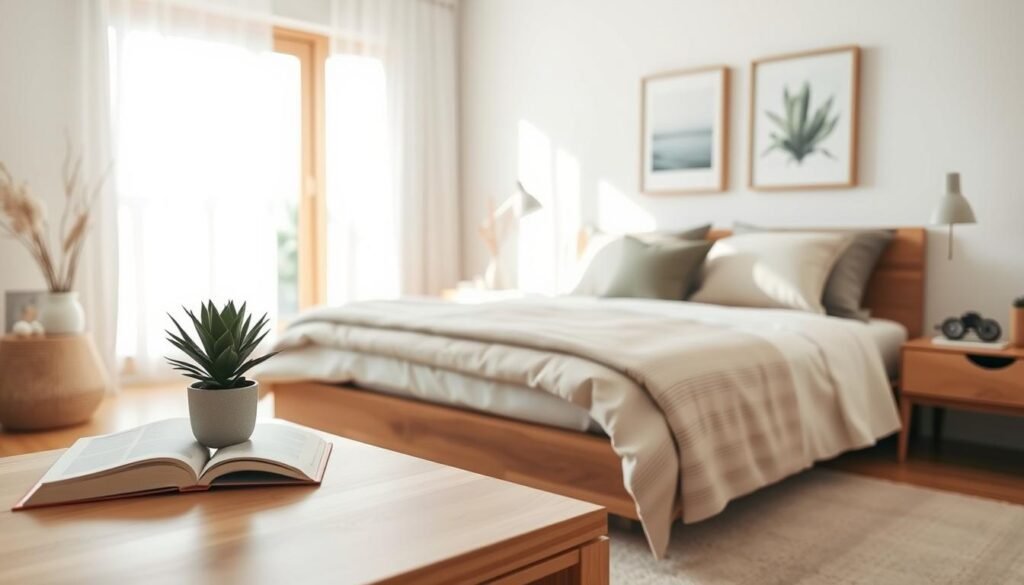 A serene bedroom designed for relaxation, featuring a soft, neutral color palette. In the foreground, a minimalist wooden nightstand holds a small plant and a closed book, evoking tranquility. The middle ground showcases a cozy bed with layered, textured bedding and decorative pillows, inviting comfort and ease. Beside the bed, a sleek charging station is thoughtfully placed, subtly indicating technology boundaries. In the background, a large window allows bright, natural light to pour in, illuminating the airy space with soft sunlight. The room is adorned with wooden accents and calming artwork that enhances the peaceful atmosphere. The overall mood is tranquil and inviting, perfect for unwinding and restful sleep. Capture the scene with a warm, inviting angle that emphasizes the cozy, calming elements.