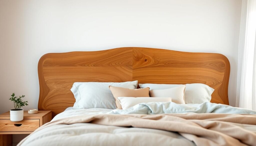A serene bedroom featuring a beautifully crafted wooden headboard as the focal point. The headboard showcases intricate wood grain patterns and warm tones, integrating seamlessly with soft bedding and accent pillows in neutral colors. In the foreground, a cozy nightstand with a small potted plant and a delicate lamp adds warmth. The middle ground includes the inviting bed, layered with plush textiles that enhance the tranquil atmosphere. In the background, a softly illuminated window allows gentle, natural light to filter in, casting a warm glow across the room. The scene conveys a peaceful, airy feeling, inviting relaxation and calm. Capture this scene with a wide-angle lens, emphasizing the harmonious layout and natural elements of the space, evoking a restful ambiance.