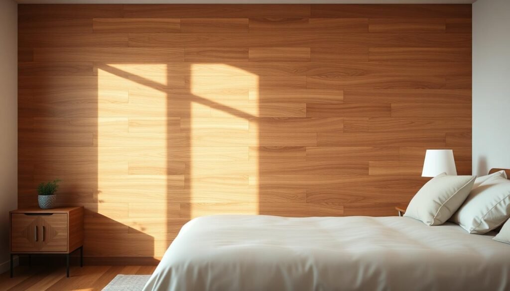 A serene bedroom featuring an accent wall with rich wood paneling, showcasing oak or walnut planks arranged in a modern horizontal pattern. In the foreground, a tasteful, minimalistic bed with soft, neutral-colored bedding and decorative pillows complements the wood tones. To the left, a stylish nightstand holds a small potted plant and an elegant lamp. The middle ground reveals the textured wood paneling, illuminated by soft, natural light streaming in from a large window, casting gentle shadows. The warm tones of the wood create a calming atmosphere infused with serenity. In the background, light-colored walls and a subtle, airy design enhance the spacious feel of the room. Capture the image from a slightly elevated angle to emphasize the wall’s texture and the overall tranquil ambiance of the space.