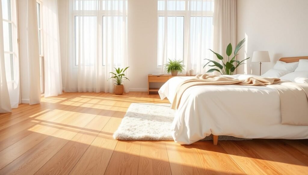 A serene bedroom featuring elegant wooden flooring, showcasing rich honey tones and a natural grain texture. In the foreground, a plush area rug in soft neutral tones adds warmth, while a beautifully made bed with crisp white linens and a cozy throw blanket invites relaxation. The middle ground captures a minimalist bedside table with a delicate lamp casting a soft glow. Behind the bed, large windows allow bright, natural light to stream in, illuminating the space and highlighting the natural elements of the decor. A gentle breeze moves sheer curtains, enhancing the airy feel. In the background, a subtle view of indoor plants adds a touch of greenery, contributing to a tranquil atmosphere. The scene is bathed in soft sunlight, evoking calmness and peace.