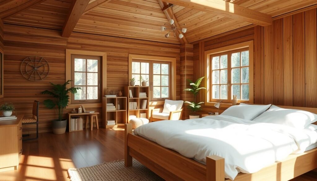 A serene bedroom featuring wood accents, highlighting natural materials and a calming atmosphere. In the foreground, a light wood bed frame with plush white bedding, complemented by wooden nightstands adorned with small potted plants and soft lamp lighting. In the middle ground, a cozy reading nook with a wooden armchair and a small bookshelf made of reclaimed wood, filled with soft, neutral-toned decor. In the background, large windows allow soft sunlight to pour in, illuminating the room with a warm glow, and a rustic wooden ceiling adds character. The overall mood is restful and inviting, perfect for relaxation, with an airy ambiance created by bright, natural light.
