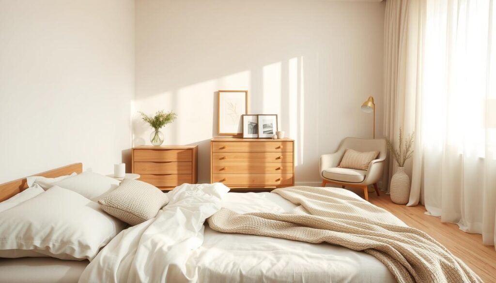 A serene bedroom interior designed for comfort and tranquility, featuring a minimalist approach to decor. In the foreground, a neatly made light-colored bed adorned with soft, neutral-toned linens and a textured throw blanket. On one side, a small bedside table holds a simple vase with fresh flowers and a soothing candle. The middle section showcases a wooden dresser with subtle natural grain, minimalist art pieces on the walls, and a cozy reading nook with a plush chair near a sunny window. The background is filled with light, airy curtains that gently diffuse sunlight, creating a warm glow throughout the room. The overall atmosphere is peaceful and inviting, ideal for relaxation and mindfulness, with a color palette of soft whites, calming greens, and muted browns.