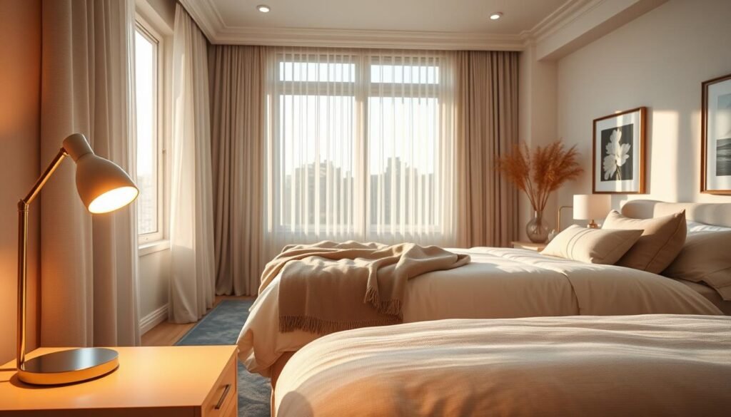 A serene bedroom interior designed for optimal lighting throughout the day. In the foreground, a stylish bedside table adorned with a modern lamp emits a warm, gentle glow. The middle section features a plush bed with soft, neutral linens and an elegant throw blanket, inviting restfulness. Large windows allow bright natural light to pour in, showcasing sheer curtains that diffuse the sunlight delicately. The background reveals calm wall colors and tasteful artwork, enhancing the tranquil atmosphere. Morning light filters in for a refreshing start, while warm, golden tones set a cozy mood for the evening. The overall composition captures a beautiful balance between aesthetic appeal and functional lighting, highlighting designs that evolve from sunrise to sunset.