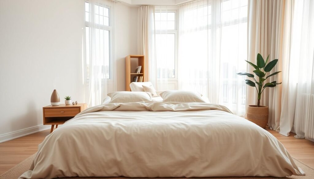 A serene bedroom interior designed for tranquility and minimalism. The foreground features a neatly made bed with soft, neutral-colored bedding and plush pillows, encouraging relaxation. On each side of the bed, there are simple wooden nightstands holding small, decorative plants and a calming essential oil diffuser. The middle ground showcases a cozy reading nook with a light, airy armchair and a small bookshelf filled with calming literature. The background reveals large windows draped with sheer, white curtains allowing soft, natural sunlight to bathe the room in warmth. The overall atmosphere is peaceful and uncluttered, emphasizing a digital-free environment with no visible electronics. The lighting is bright yet gentle, evoking a feeling of calm. A wide-angle view captures the spaciousness, making the room feel inviting and restful. A serene bedroom interior designed for tranquility and minimalism. The foreground features a neatly made bed with soft, neutral-colored bedding and plush pillows, encouraging relaxation. On each side of the bed, there are simple wooden nightstands holding small, decorative plants and a calming essential oil diffuser. The middle ground showcases a cozy reading nook with a light, airy armchair and a small bookshelf filled with calming literature. The background reveals large windows draped with sheer, white curtains allowing soft, natural sunlight to bathe the room in warmth. The overall atmosphere is peaceful and uncluttered, emphasizing a digital-free environment with no visible electronics. The lighting is bright yet gentle, evoking a feeling of calm. A wide-angle view captures the spaciousness, making the room feel inviting and restful.