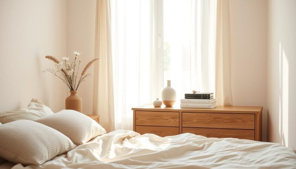 A serene bedroom interior featuring mindful decor, designed for comfort and tranquility. In the foreground, a cozy, unmade bed with neutral-toned linens and a few artfully placed textured cushions. The middle layer showcases a selection of thoughtfully curated decor pieces, such as a minimalist wooden bedside table with a beautifully crafted ceramic vase containing fresh flowers, a calming scent diffuser, and a few stacked books. The background reveals softly painted walls and a large window allowing bright natural light to flood the space, with sheer curtains gently fluttering. The atmosphere is airy and inviting, with soft sunlight casting warm shadows, creating a peaceful vibe that encourages relaxation and mindfulness. Emphasize the simplicity and elegance in the decor style, avoiding clutter, and highlighting the thoughtful arrangement of each piece.