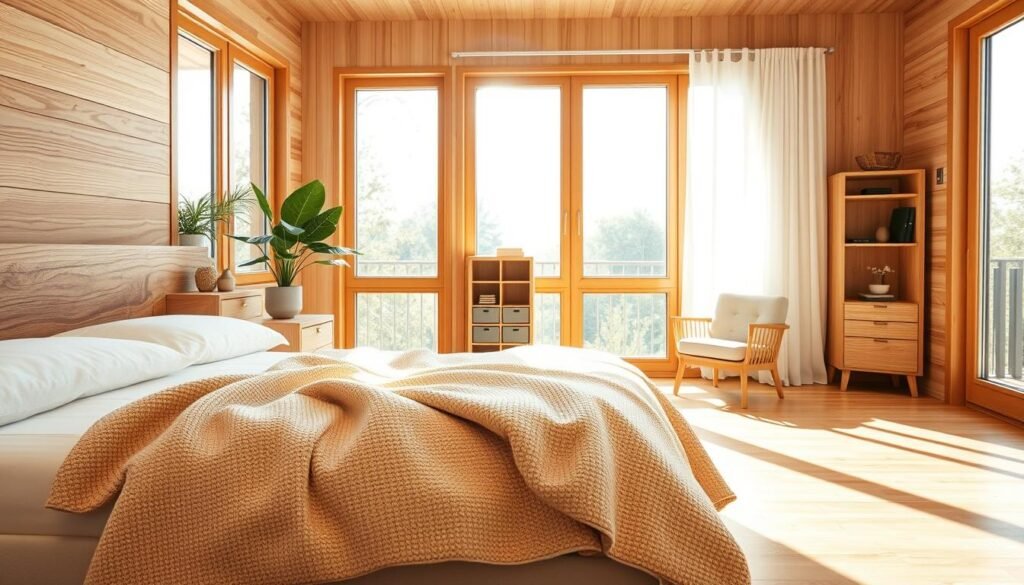 A serene bedroom interior featuring relaxation-promoting wood accents, such as a beautifully crafted wooden bed frame and bedside tables made from warm-toned oak. In the foreground, a soft, textured blanket drapes over the edge of the bed, with a carefully placed potted plant on the nightstand. The middle section showcases large windows allowing abundant natural light to stream in, creating a calming atmosphere. Light wooden walls and a polished floor enhance the airy feel, while a cozy reading nook with a plush chair and a small wooden bookshelf adds to the tranquility. The background features soft white curtains gently swaying in the breeze, emphasizing the peaceful, inviting ambiance. The scene is bathed in bright, soft sunlight, aiming for a peaceful and restorative mood.