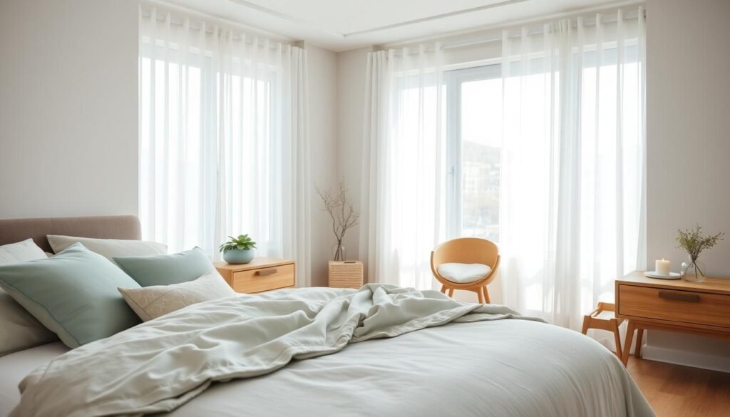 A serene bedroom interior showcasing calming color palettes for a tranquil atmosphere. In the foreground, a beautifully made bed with soft, muted linens in shades of pale blue and gentle sage, complemented by plush cushions and a cozy throw. The middle ground features minimalist wooden furniture, with a stylish nightstand adorned with a small potted plant and a softly glowing candle. The background reveals a large window dressed with sheer white curtains, allowing bright, natural light to stream in and illuminate the space, creating an airy, well-lit environment. The overall mood is peaceful and inviting, evoking a sense of comfort and serenity, perfect for day-long relaxation. Ensure the setting emphasizes a harmonious blend of colors and textures, promoting restful vibes without any text or distractions.