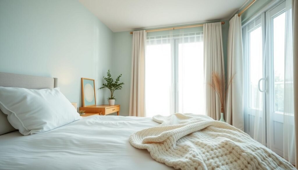 A serene bedroom interior showcasing calming colors like soft blues and gentle greens. In the foreground, a plush, neatly made bed with fluffy white pillows and a cozy knitted throw. The middle space features a minimalist nightstand with a small potted plant and a softly glowing lamp, casting warm light across the room. In the background, large windows draped with sheer curtains allow bright, natural light to flood in, creating an airy atmosphere. The walls are painted in a soothing pastel hue, and there are subtle wooden accents throughout, adding warmth. The scene conveys tranquility and relaxation, suggesting a peaceful sanctuary for rest. Soft sunlight enhances the inviting ambiance, ideal for a restful retreat.