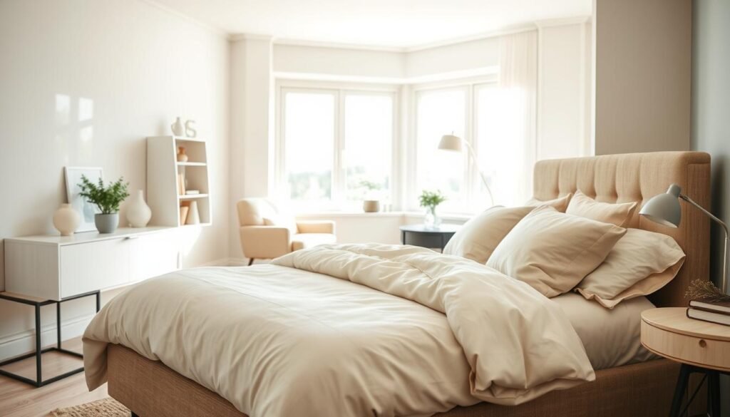 A serene bedroom layout showcasing a well-balanced design, emphasizing flow and functionality. In the foreground, a neatly made queen-sized bed with soft, neutral-colored linens and plush pillows rests beside a minimalist nightstand holding a small plant and a lamp. The middle section features a cozy reading nook with a comfortable armchair and a small bookshelf, enhancing the room's utility. The background reveals large windows allowing bright natural light to flood the space, illuminating the light wooden floors and soft pastel-colored walls. The overall atmosphere is airy and calming, reflecting a peaceful sanctuary. Capture this scene from a slight angle, focusing on the inviting layout while maintaining a warm, inviting vibe with soft sunlight. A serene bedroom layout showcasing a well-balanced design, emphasizing flow and functionality. In the foreground, a neatly made queen-sized bed with soft, neutral-colored linens and plush pillows rests beside a minimalist nightstand holding a small plant and a lamp. The middle section features a cozy reading nook with a comfortable armchair and a small bookshelf, enhancing the room's utility. The background reveals large windows allowing bright natural light to flood the space, illuminating the light wooden floors and soft pastel-colored walls. The overall atmosphere is airy and calming, reflecting a peaceful sanctuary. Capture this scene from a slight angle, focusing on the inviting layout while maintaining a warm, inviting vibe with soft sunlight.