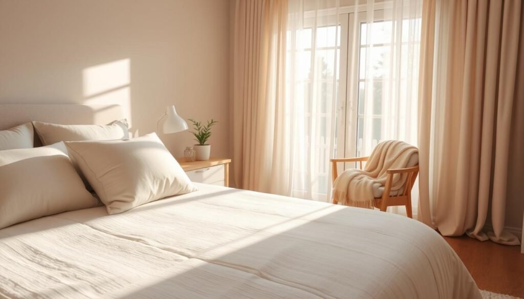 A serene bedroom sanctuary bathed in soft, natural light. The foreground features a plush, neatly made bed with a light-colored comforter adorned with subtle textures. Fluffy pillows in soft pastels are arranged at the head of the bed. In the middle ground, a light wood nightstand holds a small potted plant and a softly glowing lamp. A cozy reading nook with a comfortable chair and a warm throw blanket is tucked next to a large window, revealing a glimpse of nature outside. The background showcases soft, sheer curtains gently swaying with the breeze, allowing sunlight to filter through, creating an airy atmosphere. The overall mood is calm and inviting, perfect for relaxation and peace. The image should be captured at a slightly elevated angle to emphasize the spaciousness and warmth of the sanctuary. A serene bedroom sanctuary bathed in soft, natural light. The foreground features a plush, neatly made bed with a light-colored comforter adorned with subtle textures. Fluffy pillows in soft pastels are arranged at the head of the bed. In the middle ground, a light wood nightstand holds a small potted plant and a softly glowing lamp. A cozy reading nook with a comfortable chair and a warm throw blanket is tucked next to a large window, revealing a glimpse of nature outside. The background showcases soft, sheer curtains gently swaying with the breeze, allowing sunlight to filter through, creating an airy atmosphere. The overall mood is calm and inviting, perfect for relaxation and peace. The image should be captured at a slightly elevated angle to emphasize the spaciousness and warmth of the sanctuary.