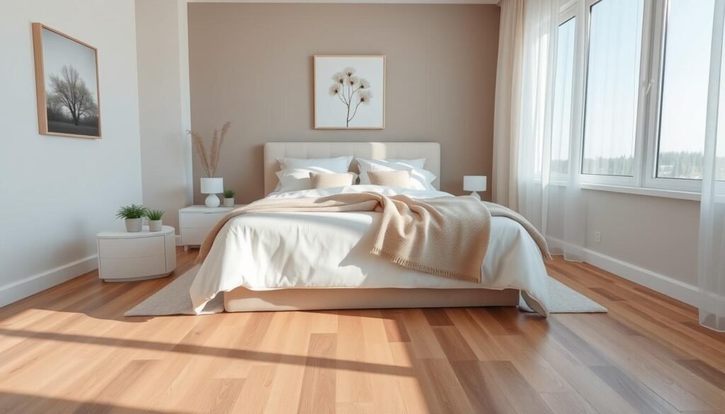 A serene bedroom sanctuary featuring a cozy, neatly made bed adorned with soft, neutral-toned linens and a plush throw blanket. In the foreground, a pair of minimalistic bedside tables hold simple decorative items, such as small potted plants and softly glowing lamps. The middle of the scene showcases elegant wooden flooring, complementing a light area rug that adds warmth. In the background, large windows let in bright, natural light, casting soft, inviting shadows throughout the room. The walls are painted in calming pastel shades, accentuated by tasteful artwork of nature. A gentle breeze rustles sheer curtains, enhancing the airy atmosphere. The overall mood is peaceful and comfortable, inviting relaxation and tranquility.