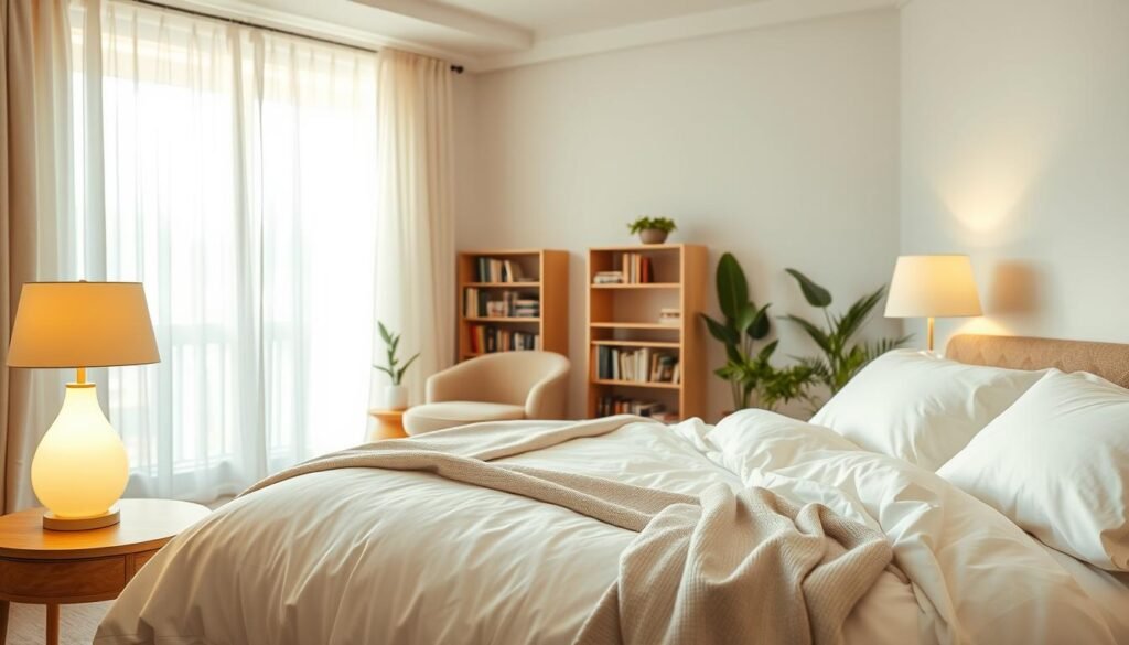 A serene bedroom scene bathed in soft, warm lighting, featuring a large, comfy bed with fluffy white linens and a light gray throw blanket. In the foreground, a bedside table holds a stylish lamp emitting a gentle glow. The middle of the room showcases a cozy reading nook with a plush armchair and a small wooden bookshelf filled with books, encouraging relaxation. The background features a window draped with sheer curtains, allowing delicate sunlight to filter in, adding a bright yet calming ambiance. The space is uncluttered, with potted plants subtly enhancing the tranquility. The overall atmosphere is inviting and peaceful, designed to evoke a sense of comfort and serenity, perfect for a restful retreat.