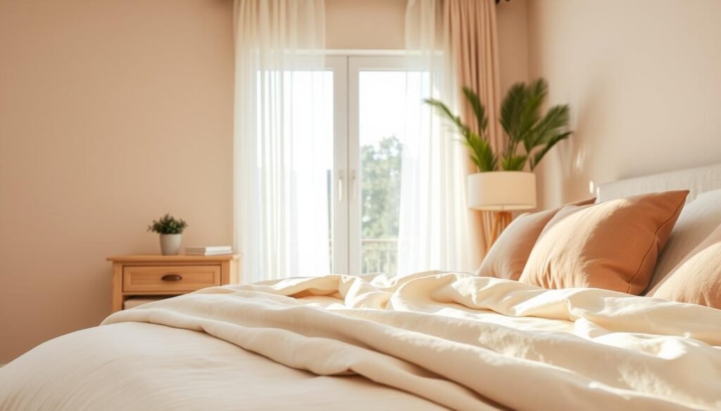 A serene bedroom scene featuring a warm neutral color palette. In the foreground, a beautifully made bed with soft beige and cream bedding, accented by plush throw pillows in taupe and dusty rose. The middle ground showcases a light wooden nightstand with a small potted plant and a stylish lamp casting a warm glow. In the background, a large window invites bright, natural light into the room, illuminating the soft textures and creating a cozy atmosphere. The walls are a light taupe, enhancing the warmth while keeping the space airy. Soft sunlight filters through sheer curtains, promoting a sense of tranquility and brightness. The composition is inviting, with a focus on simplicity and warmth, creating an ideal environment for relaxation.