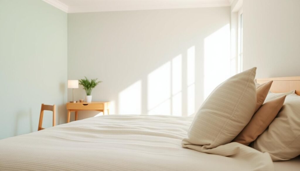 A serene bedroom scene featuring calming color palettes in soft hues of sage green, pale blue, and warm beige. In the foreground, a neatly made bed with a textured, light-colored duvet and plush pillows creates a cozy atmosphere. The middle ground showcases minimalist wooden furniture, including a simple bedside table with a small potted plant and a soft, ambient lamp. In the background, a large window allows streams of bright natural light to flood the room, casting gentle shadows and highlighting the airy feel of the space. The overall mood exudes tranquility and peace, inviting relaxation and harmony. The lighting is soft and warm, emphasizing the soothing colors and textures of the décor. A serene bedroom scene featuring calming color palettes in soft hues of sage green, pale blue, and warm beige. In the foreground, a neatly made bed with a textured, light-colored duvet and plush pillows creates a cozy atmosphere. The middle ground showcases minimalist wooden furniture, including a simple bedside table with a small potted plant and a soft, ambient lamp. In the background, a large window allows streams of bright natural light to flood the room, casting gentle shadows and highlighting the airy feel of the space. The overall mood exudes tranquility and peace, inviting relaxation and harmony. The lighting is soft and warm, emphasizing the soothing colors and textures of the décor.