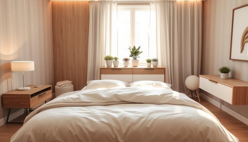 A serene bedroom scene featuring soft, warm lighting that creates a calming atmosphere. In the foreground, a cozy bed with plush white linens and fluffy pillows sits invitingly, accented by a light throw blanket. On either side, sleek wooden bedside tables hold modern lamps with soft, diffused shades casting gentle light. The middle ground showcases a minimalist dresser adorned with small potted plants, adding a touch of greenery and life. In the background, sheer curtains gently billow from an open window, allowing natural sunlight to filter in, enhancing the airy feel of the space. The room is designed with natural wood accents, soft pastel colors, and a tranquil ambiance that evokes relaxation. The overall mood is peaceful, inviting, and harmonious, perfect for fostering a calming experience. A serene bedroom scene featuring soft, warm lighting that creates a calming atmosphere. In the foreground, a cozy bed with plush white linens and fluffy pillows sits invitingly, accented by a light throw blanket. On either side, sleek wooden bedside tables hold modern lamps with soft, diffused shades casting gentle light. The middle ground showcases a minimalist dresser adorned with small potted plants, adding a touch of greenery and life. In the background, sheer curtains gently billow from an open window, allowing natural sunlight to filter in, enhancing the airy feel of the space. The room is designed with natural wood accents, soft pastel colors, and a tranquil ambiance that evokes relaxation. The overall mood is peaceful, inviting, and harmonious, perfect for fostering a calming experience.