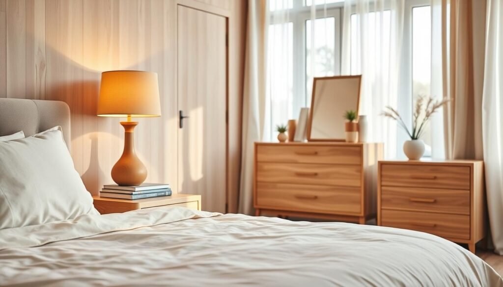 A serene bedroom scene featuring subtle wood accents. In the foreground, a cozy bed with a light-colored duvet, complemented by soft, textured throw pillows arranged neatly. On the bedside table, a warm wooden lamp softly illuminating a stack of books and a small potted plant. The middle ground showcases a stylish wooden dresser with minimalist decorative elements, like a framed mirror reflecting natural light. The background includes large windows draped with sheer curtains, allowing bright, airy sunlight to fill the room. The overall atmosphere is calm and inviting, with pale wood tones adding warmth and tranquility to the space. Use soft focus to enhance the peaceful vibe.