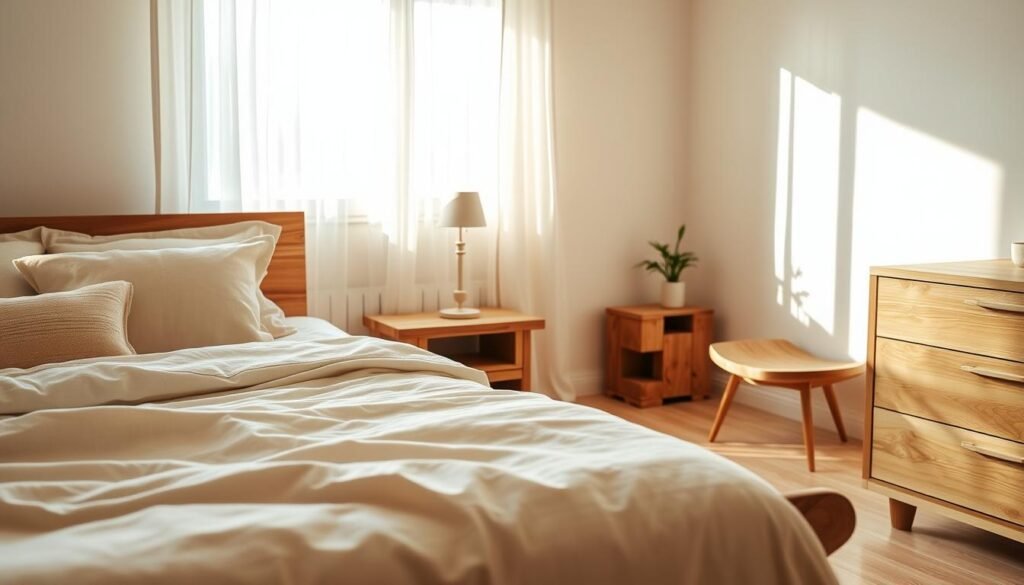 A serene bedroom scene featuring wooden furniture, conveying a peaceful atmosphere. In the foreground, a cozy bed with natural linen bedding and a wooden headboard, complemented by an assortment of soft, textured cushions in muted tones. The middle ground includes a bedside table made of reclaimed wood, adorned with a small potted plant and a minimalist lamp. The background showcases a softly illuminated window with sheer curtains that allow warm, soft sunlight to filter in, casting gentle shadows on the light wooden floors. The overall mood is tranquil and inviting, emphasizing a restful retreat with bright natural light, an airy feel, and elegant wood accents throughout the space. Capture this scene from a slightly elevated angle to provide depth and focus on the harmony of the wooden elements.