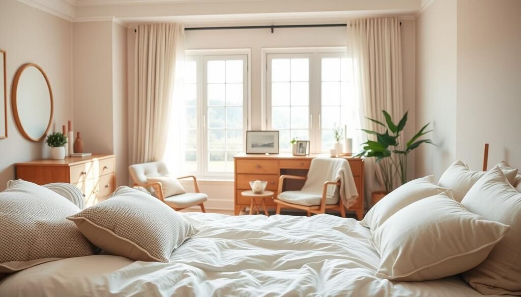 A serene bedroom scene showcasing a relaxed atmosphere, featuring a soft color palette dominated by pastels and warm neutrals. In the foreground, a neatly made bed with an inviting plush comforter and an array of textured pillows invites comfort. A cozy reading nook with a stylish armchair and a small wooden side table is positioned nearby, adorned with a calming plant and a soft throw blanket. In the middle ground, a wooden dresser holds decorative accents such as candles and books, while large windows allow gentle, diffused sunlight to cascade in, creating an airy ambiance. The background reveals a tranquil view of greenery, enhancing the sense of peace. The overall mood is one of tranquility and ease, ideal for promoting relaxation. The image should be bright and well-lit, capturing the essence of a comfortable living space.