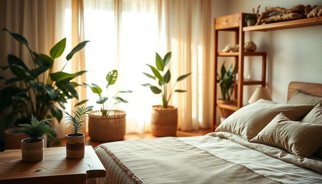 A serene bedroom scene showcasing an inviting atmosphere that brings nature indoors. In the foreground, incorporate a wooden bedside table adorned with a small potted fern, a handcrafted candle, and a textured fabric runner. The middle ground features a cozy bed with natural linen bedding in earth tones, surrounded by large leafy plants in woven baskets, creating a lush, organic feel. The background reveals a soft-focus window with sheer curtains allowing bright, warm sunlight to filter through, illuminating the room. Natural wooden accents like a rustic shelf display driftwood and nature-inspired decor, while a calming color palette enhances the peaceful ambiance. Aim for an airy and well-lit composition, evoking tranquility and connection to nature. A serene bedroom scene showcasing an inviting atmosphere that brings nature indoors. In the foreground, incorporate a wooden bedside table adorned with a small potted fern, a handcrafted candle, and a textured fabric runner. The middle ground features a cozy bed with natural linen bedding in earth tones, surrounded by large leafy plants in woven baskets, creating a lush, organic feel. The background reveals a soft-focus window with sheer curtains allowing bright, warm sunlight to filter through, illuminating the room. Natural wooden accents like a rustic shelf display driftwood and nature-inspired decor, while a calming color palette enhances the peaceful ambiance. Aim for an airy and well-lit composition, evoking tranquility and connection to nature.
