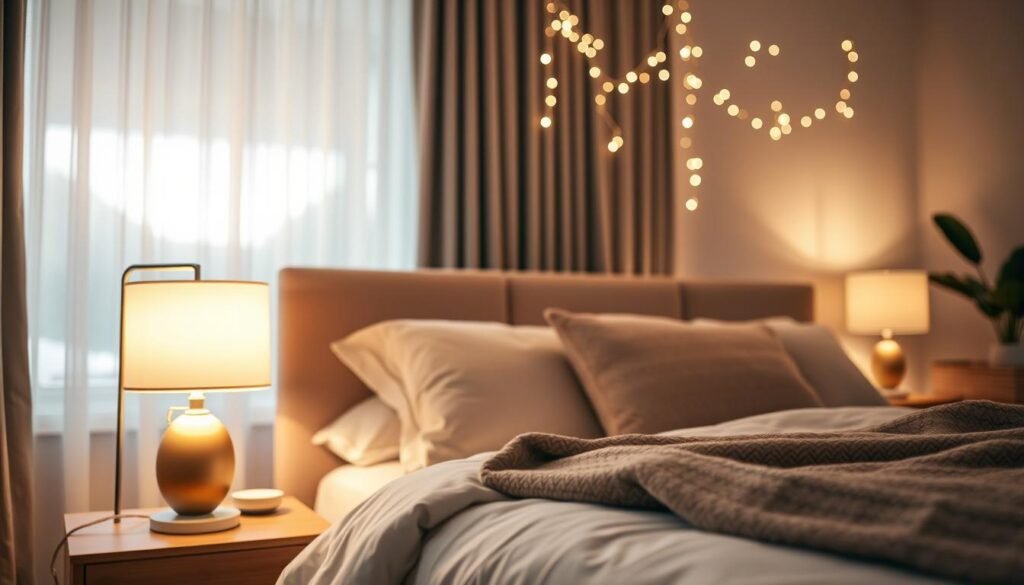 A serene bedroom scene showcasing masterfully arranged accent lighting. In the foreground, a stylish bedside table features a sleek lamp emitting a warm, golden glow, casting soft shadows. The middle ground includes a cozy bed with plush pillows and a textured throw blanket, illuminated by a delicate string of fairy lights draped elegantly above. In the background, a large window allows soft sunlight to filter in, enhancing the room's airy atmosphere. The color palette consists of calming neutrals and gentle pastels, promoting relaxation. The image captures the balance of light and shadow, inviting viewers to envision a tranquil retreat designed for better rest and relaxation. Aim for a realistic, inviting feel using a slightly blurred depth of field to focus on the lighting elements.