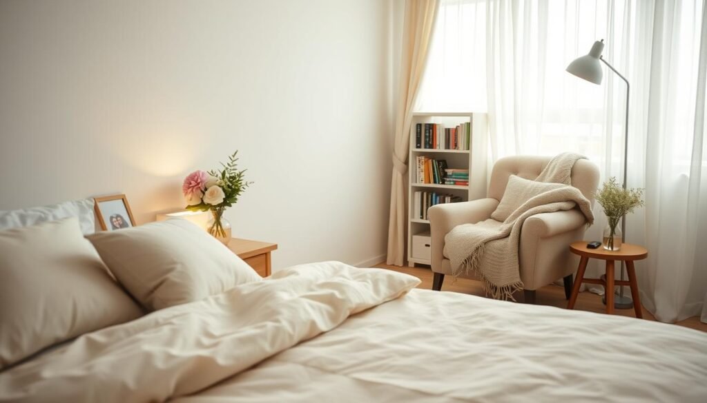 A serene bedroom scene showcasing simple yet stylish decor ideas that reflect personal touches for a peaceful space. In the foreground, a cozy bed with soft pastel bedding and layered pillows, with a wooden bedside table adorned with a small vase of fresh flowers and a framed photo of loved ones. In the middle, a beautifully arranged reading nook featuring a plush armchair, a warm throw blanket, and a small bookshelf filled with colorful books. The background reveals a softly lit window with sheer curtains that allow gentle, natural light to fill the room. The atmosphere is calming and inviting, emphasizing a harmonious blend of tranquility and personal style, captured through a warm, airy lens with a focus on the delicate play of light. A serene bedroom scene showcasing simple yet stylish decor ideas that reflect personal touches for a peaceful space. In the foreground, a cozy bed with soft pastel bedding and layered pillows, with a wooden bedside table adorned with a small vase of fresh flowers and a framed photo of loved ones. In the middle, a beautifully arranged reading nook featuring a plush armchair, a warm throw blanket, and a small bookshelf filled with colorful books. The background reveals a softly lit window with sheer curtains that allow gentle, natural light to fill the room. The atmosphere is calming and inviting, emphasizing a harmonious blend of tranquility and personal style, captured through a warm, airy lens with a focus on the delicate play of light.