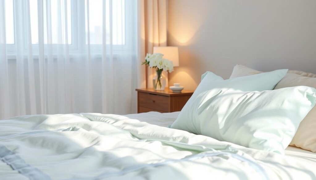 A serene bedroom setting showcasing soothing color palettes designed for tranquility. The foreground features a neatly made bed with soft pastel-colored linens in shades of light blue and pale green, accented by plush, neutral-toned pillows. In the middle, a stylish wooden nightstand holds a delicate vase with fresh white flowers, and a softly glowing lamp casts warm light, enhancing the cozy atmosphere. The background includes softly painted walls in muted tones, with a large window allowing bright, natural sunlight to filter through sheer curtains, creating an airy feel. Overall, the scene radiates calmness and comfort, emphasizing a relaxing and inviting bedroom environment. The composition is photographed at eye level, capturing the inviting details without any distractions or text elements.