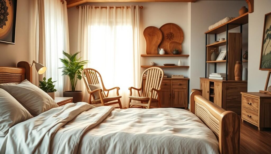 A serene bedroom space featuring wooden accents designed for relaxation. In the foreground, a beautifully crafted wooden bed frame with a textured, natural finish, accompanied by soft, neutral bedding and fluffy pillows. To the side, a rustic wooden nightstand holds a small potted plant and a warm LED lamp. In the middle ground, a cozy reading nook with an intricately carved wooden rocking chair positioned next to a window, allowing soft, warm sunlight to stream in, casting gentle shadows. The background showcases wooden wall art and shelves lined with calming decor items. The atmosphere is tranquil and inviting, promoting a sense of peace and relaxation, accentuated by bright, natural light filtering through sheer curtains, creating an airy, well-lit environment.