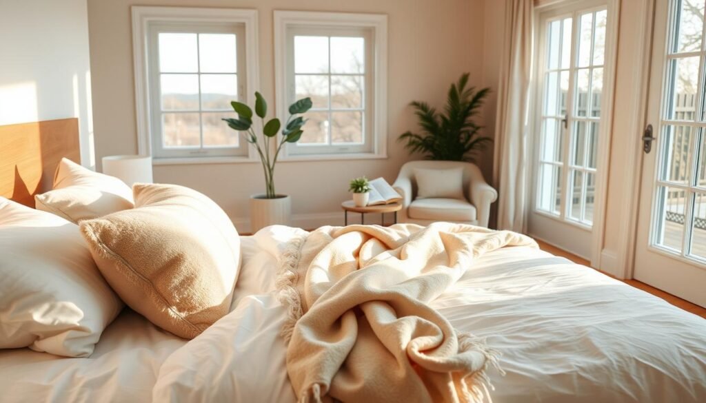A serene bedroom that embodies comfort and tranquility. In the foreground, a neatly made bed with fluffy white linens and a soft, inviting throw blanket draped over a corner. A pair of plush, neutral-colored pillows rest against a headboard made of natural wood. In the middle ground, a cozy reading nook with a stylish armchair and a small side table adorned with a potted plant and an open book, inviting relaxation. The background features large windows that let in bright, soft sunlight, illuminating the space with an airy feel. The walls are painted in soothing pastel tones, and warm wooden floors enhance the comforting atmosphere. The overall scene conveys a sense of peaceful refuge, perfect for sanctuary-like living.