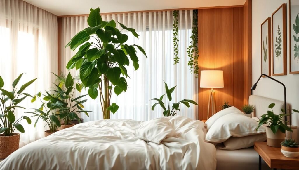A serene biophilic design bedroom featuring an array of vibrant indoor plants, such as a tall fiddle leaf fig tree and cascading pothos vines. In the foreground, a cozy bed with soft, neutral linens invitingly arranged. The middle ground showcases a stylish wooden nightstand adorned with small succulents and a lamp with warm light. The background reveals a large window with sheer curtains, allowing bright, soft sunlight to bathe the space in a warm glow. The walls are decorated with natural wood paneling and botanical prints, creating a harmonious atmosphere that feels relaxing and connected to nature. The overall mood is fresh and tranquil, reflecting comfort and integration of natural elements. Capture from a slightly elevated angle to emphasize depth and light.