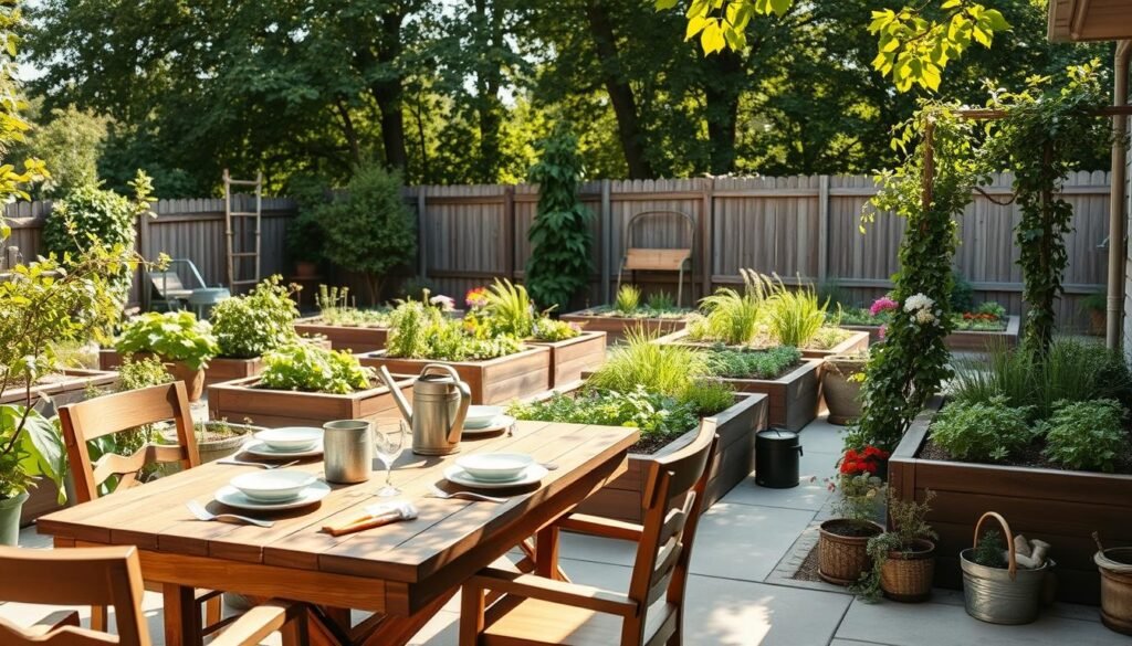 A serene budget-friendly backyard garden setup featuring a cozy outdoor living space. In the foreground, include a rustic wooden dining table set with simple, elegant place settings, surrounded by comfortable chairs. The middle ground showcases raised vegetable beds filled with vibrant greens and colorful flowers, with tools like a watering can and gardening gloves nearby. In the background, a small trellis covered in climbing vines adds depth. The scene is illuminated by bright, soft sunlight filtering through the leaves of nearby trees, creating a warm, inviting atmosphere. The angle captures an inviting patio view, emphasizing a harmonious blend of nature and outdoor living. Perfect for illustrating an outdoor sanctuary that is both practical and enjoyable. A serene budget-friendly backyard garden setup featuring a cozy outdoor living space. In the foreground, include a rustic wooden dining table set with simple, elegant place settings, surrounded by comfortable chairs. The middle ground showcases raised vegetable beds filled with vibrant greens and colorful flowers, with tools like a watering can and gardening gloves nearby. In the background, a small trellis covered in climbing vines adds depth. The scene is illuminated by bright, soft sunlight filtering through the leaves of nearby trees, creating a warm, inviting atmosphere. The angle captures an inviting patio view, emphasizing a harmonious blend of nature and outdoor living. Perfect for illustrating an outdoor sanctuary that is both practical and enjoyable.