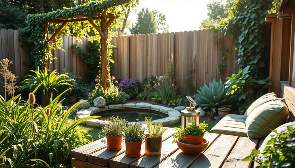 A serene eco-friendly backyard featuring a cozy seating area made of reclaimed wood surrounded by lush greenery. In the foreground, there is a rustic wooden table adorned with potted herbs and a solar lantern. The middle ground showcases a low-maintenance garden with native plants, colorful perennials, and a small pond reflecting the soft sunlight. A wooden trellis supports climbing vines, adding to the natural feel. In the background, a wooden fence is partially covered in ivy, enhancing the privacy. The scene is bathed in bright, warm natural light, creating an inviting atmosphere. The overall mood is relaxing and rejuvenating, perfect for unwinding outdoors in a sustainable living space.