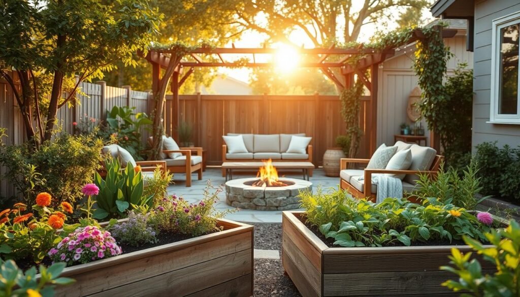 A serene eco-friendly backyard transformation, featuring a lush garden with native plants, raised wooden planter boxes filled with colorful flowers and vegetables in the foreground. A comfortable outdoor seating area with stylish, sustainable furniture made from reclaimed wood is in the middle, adorned with soft, natural textiles. The background showcases a cozy fire pit surrounded by stone, with a trellis covered in climbing vines and fairy lights gently illuminating the space in the soft evening glow. Warm, golden sunlight filters through the trees, creating a tranquil atmosphere. Capture this scene with a wide-angle lens to emphasize depth, with a focus on capturing vibrant colors and natural textures. The mood is inviting and peaceful, ideal for relaxation and connection with nature.